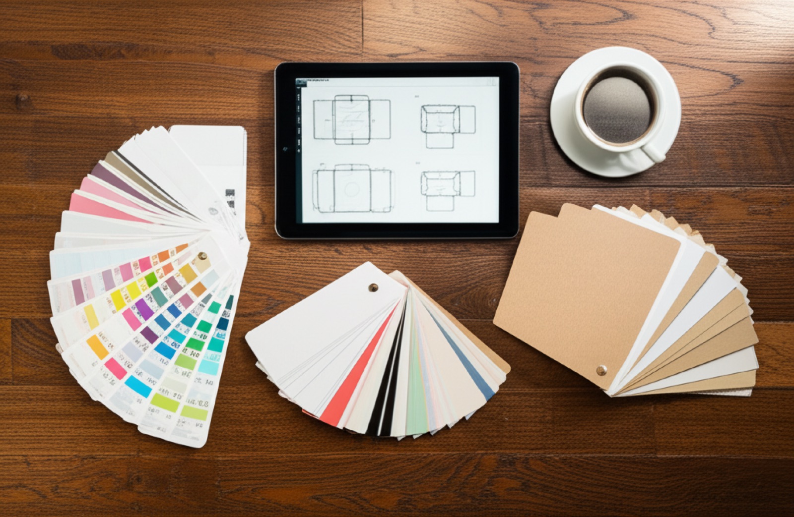 包裝設計師工作桌面：平板草圖、紙樣色卡與成品紙盒