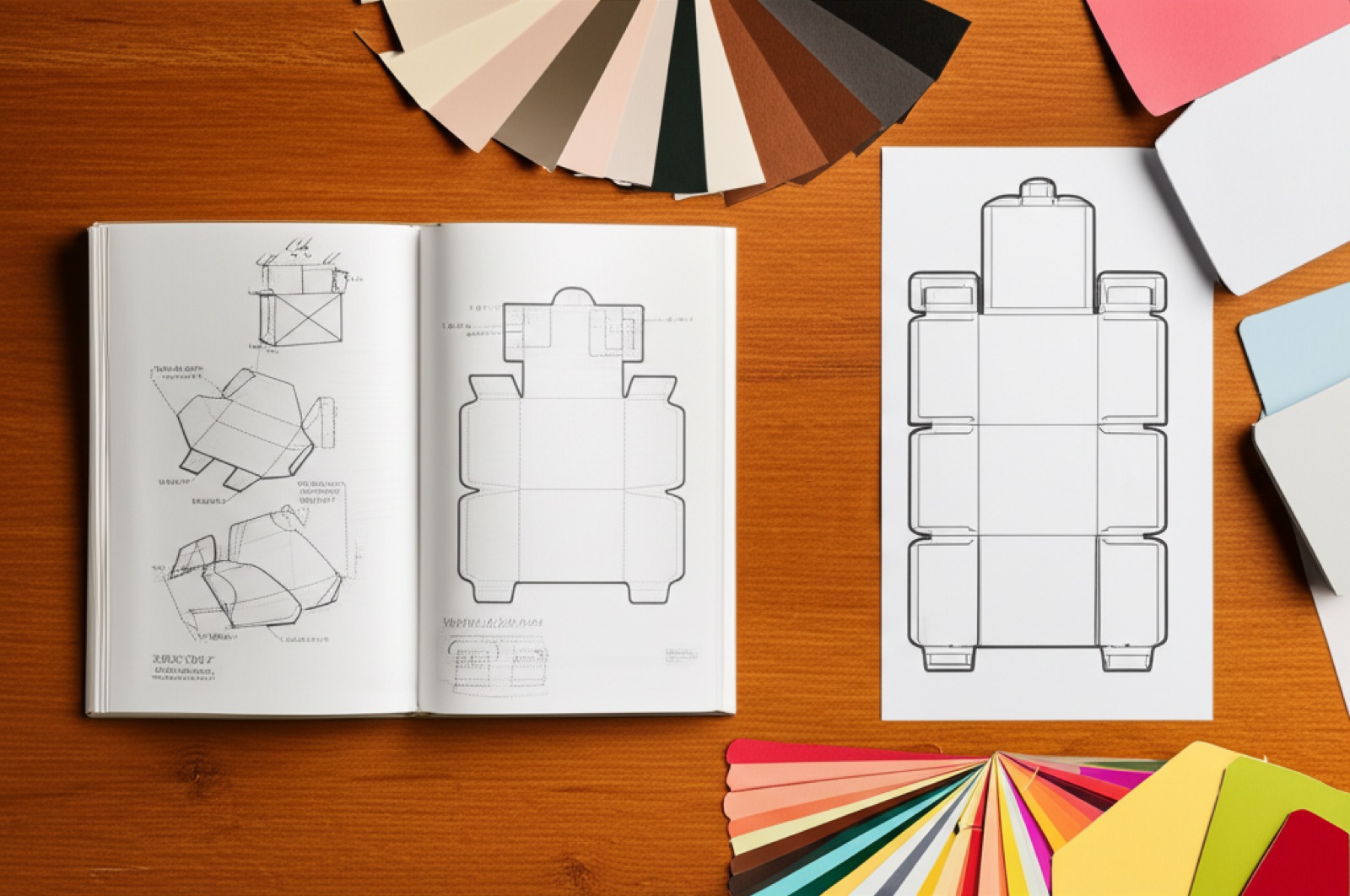 包裝設計知識工作區：筆記本、紙盒樣品、紙材色卡與刀模圖