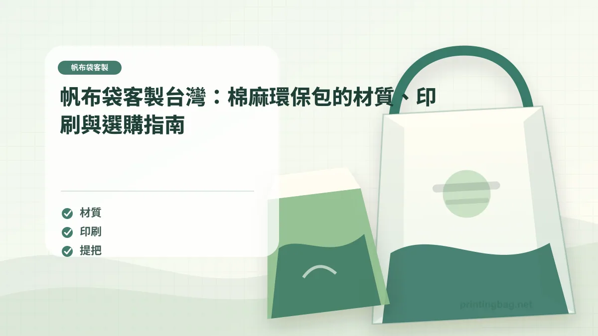帆布袋客製示意圖，呈現紙袋尺寸、材質、提把與印刷加工重點，協助品牌判斷帆布袋客製的規格與詢價條件。