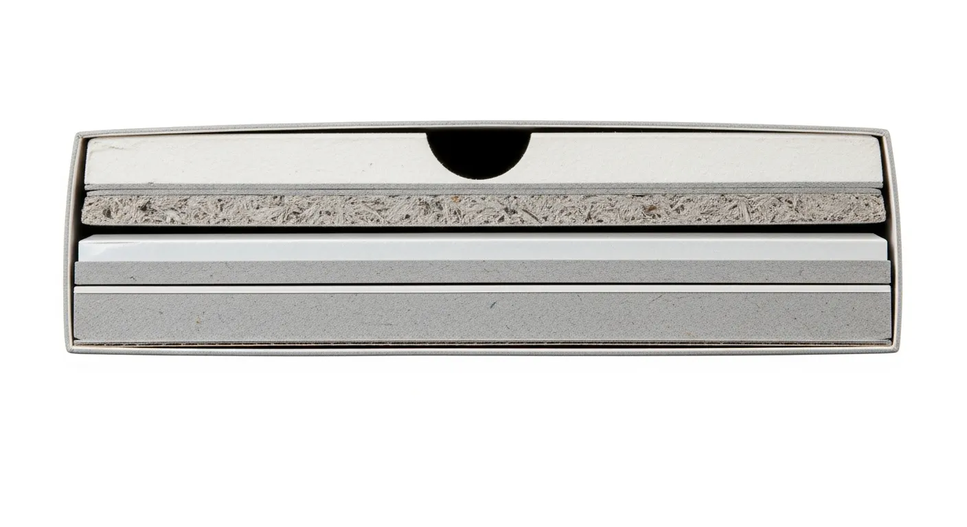 天地蓋盒結構剖析：灰板基材與表面貼紙層次示意