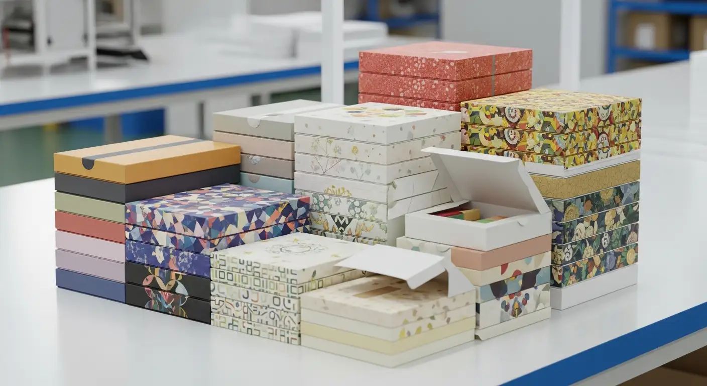 彩盒MOQ 500——500個彩盒小批量生產線上的成品堆疊展示