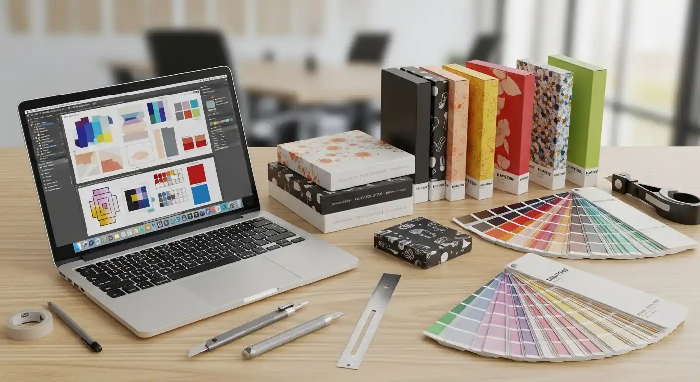 彩盒設計稿送印規範示意，展示出血線、裁切線與安全區域