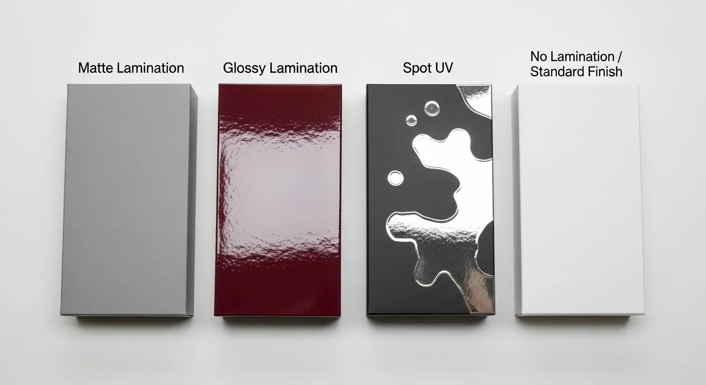 彩盒印後加工——彩盒各種表面加工對比展示，霧膜、亮膜、局部UV效果比較