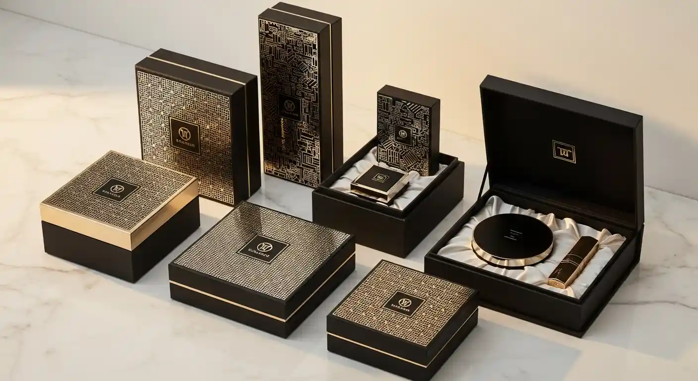 彩妝品牌彩盒燙金與觸感漆質感效果展示，說明如何透過印後加工表達品牌質感，彩妝彩盒設計消費者期待對齊策略。