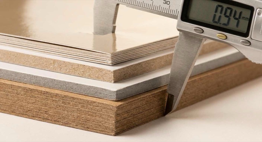 六種彩盒紙材剖面特寫：銅版卡、灰銅卡、白卡、牛皮卡、特種紙、食品級白卡