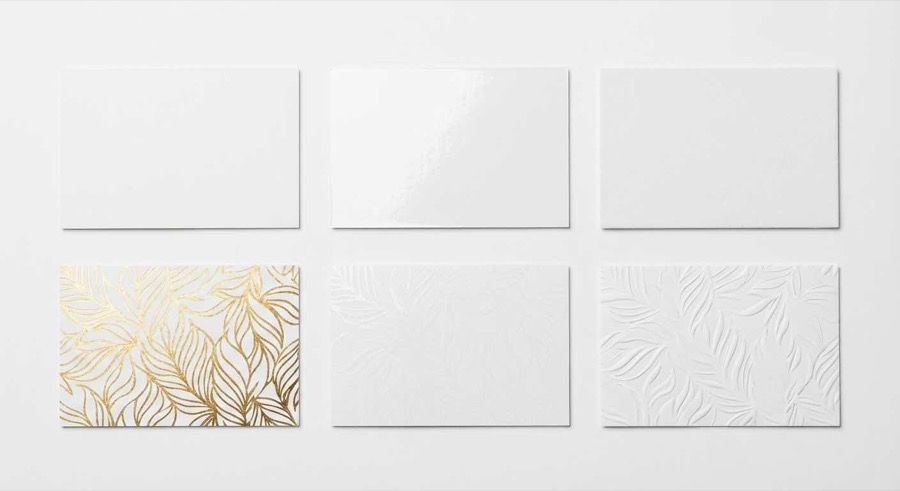 彩盒表面加工比較：霧膜、亮膜、軟觸膜、燙金、局部UV、壓凸效果展示