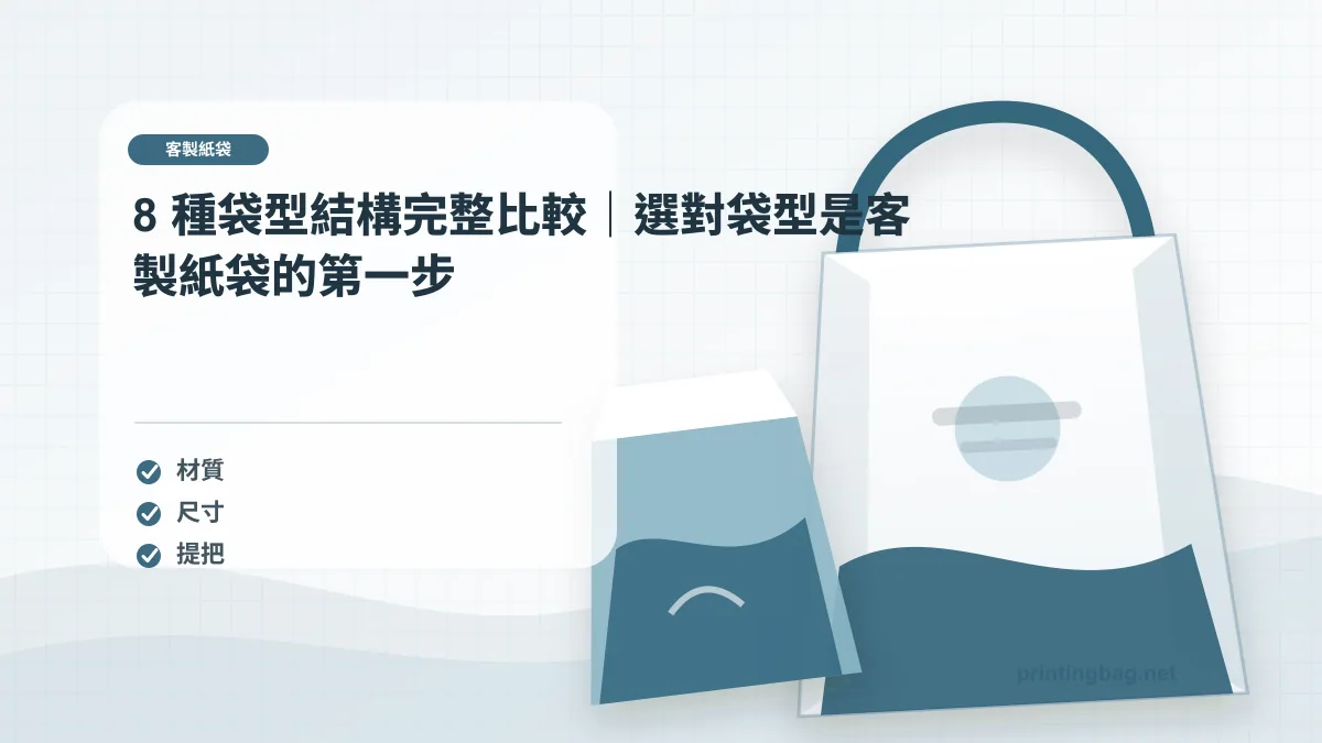 8 種袋型結構完整比較｜選對袋型是客製紙袋的第一步示意圖，補充客製紙袋第 2 段的尺寸、材質、加工或使用情境判斷。