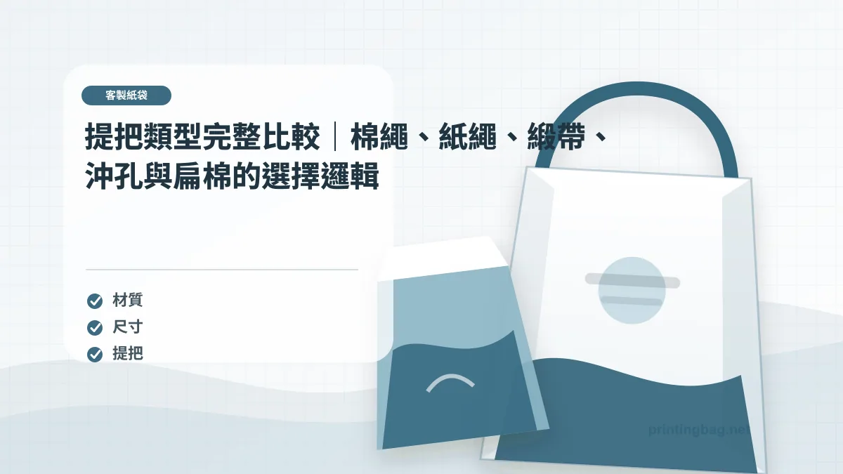 提把類型完整比較｜棉繩、紙繩、緞帶、沖孔與扁棉的選擇邏輯示意圖，補充客製紙袋第 4 段的尺寸、材質、加工或使用情境判斷。