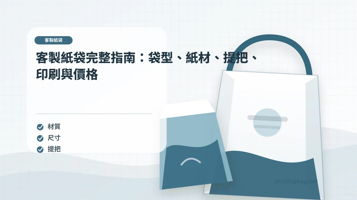 客製紙袋示意圖，呈現紙袋尺寸、材質、提把與印刷加工重點，協助品牌判斷客製紙袋的規格與詢價條件。