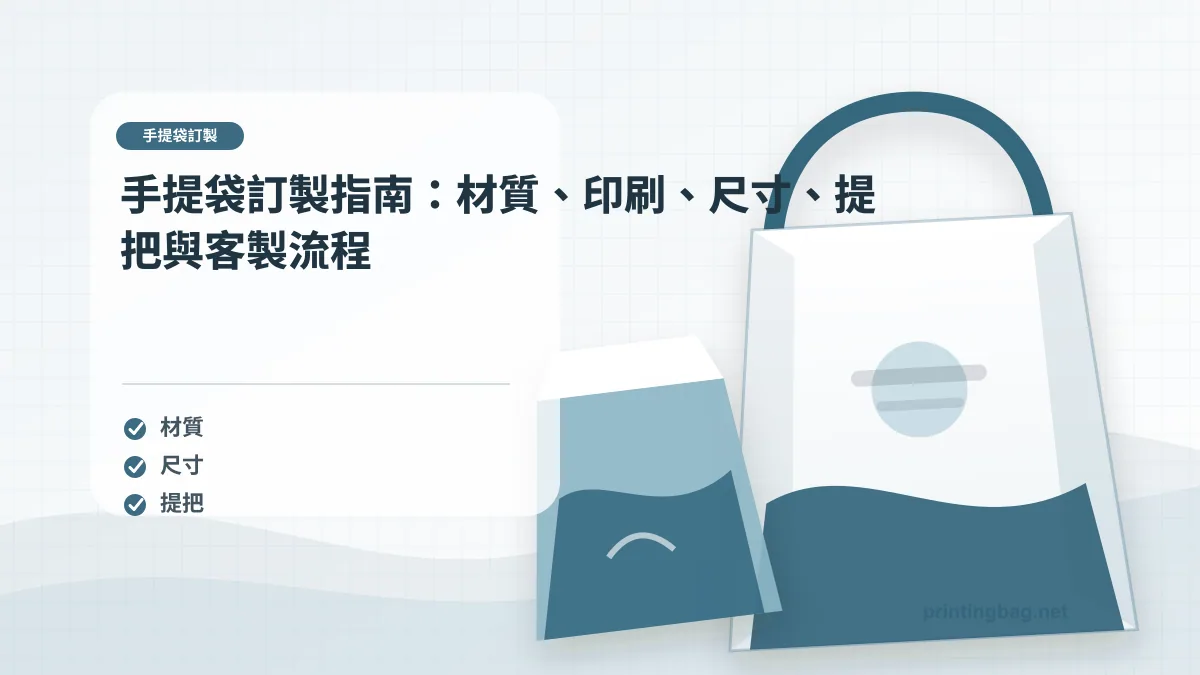 手提袋訂製示意圖，呈現紙袋尺寸、材質、提把與印刷加工重點，協助品牌判斷手提袋訂製的規格與詢價條件。