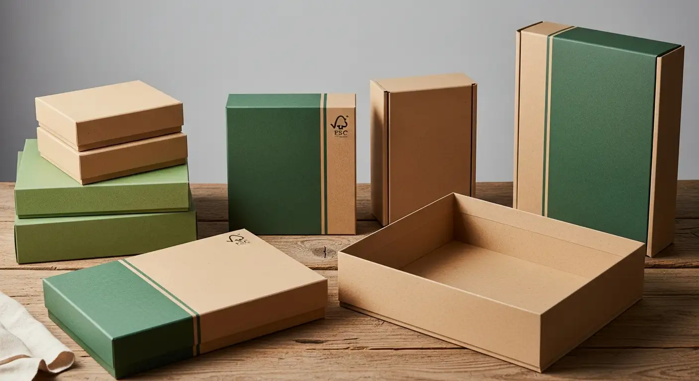 環保彩盒展示，使用FSC認證紙板與大豆油墨印刷的綠色包裝
