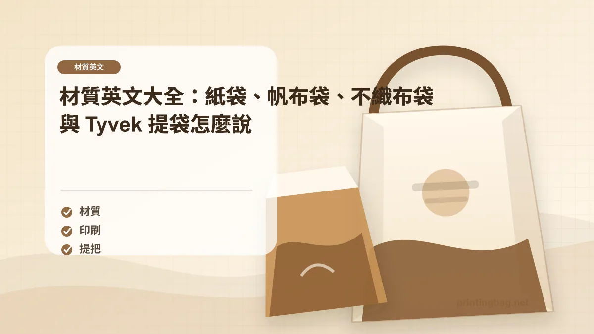 材質英文示意圖，呈現紙袋、牛皮紙、銅版紙、帆布與 Tyvek 材質樣本，協助理解提袋英文材質說法。