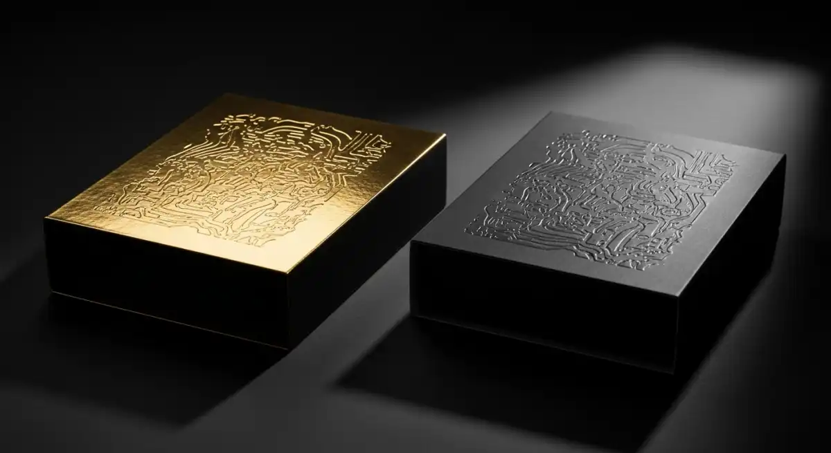 燙金與壓凸彩盒印後加工效果對比展示，說明兩種工藝的視覺差異、適用場景與費用比較，燙金壓凸比較選擇指南。
