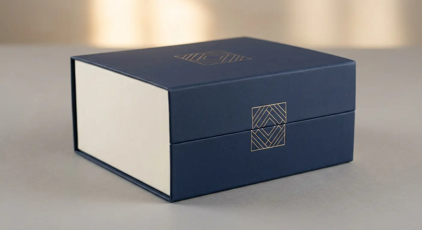 燙金面積費用——彩盒上燙金LOGO的近照，展示金箔光澤效果