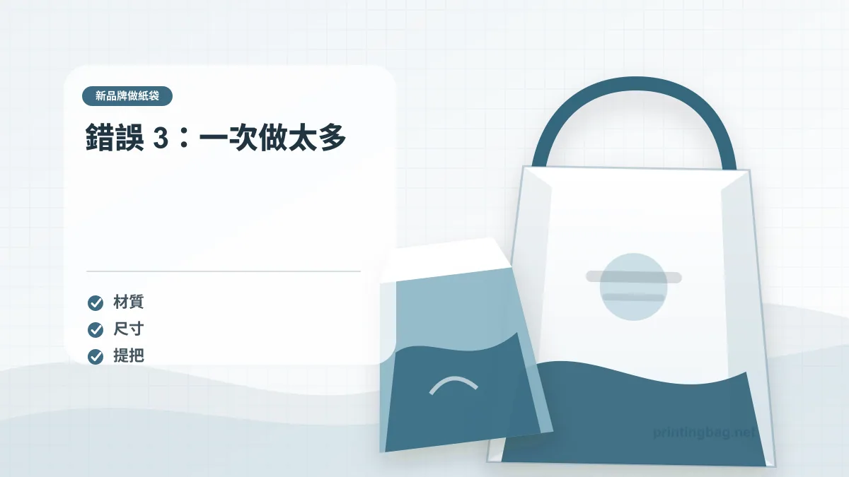 錯誤 3：一次做太多示意圖，補充新品牌做紙袋第 3 段的尺寸、材質、加工或使用情境判斷。