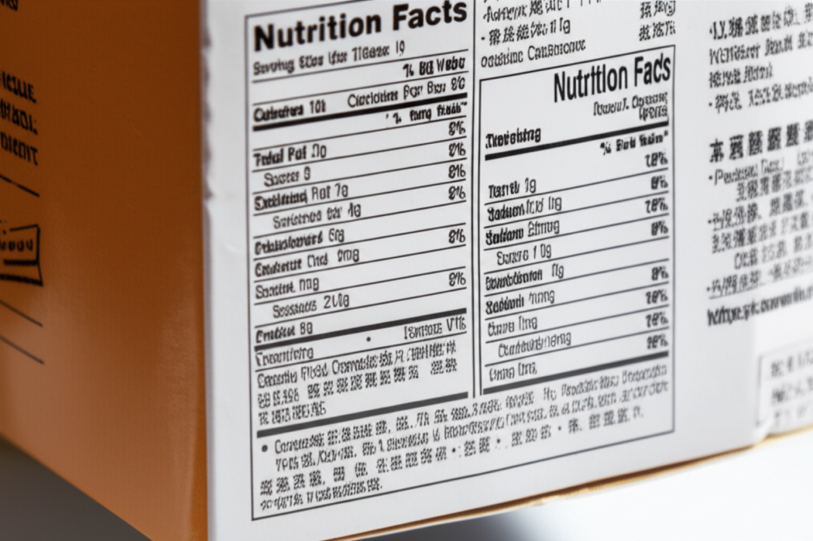 保健食品彩盒背面特寫：營養標示表格與成分表清晰排列