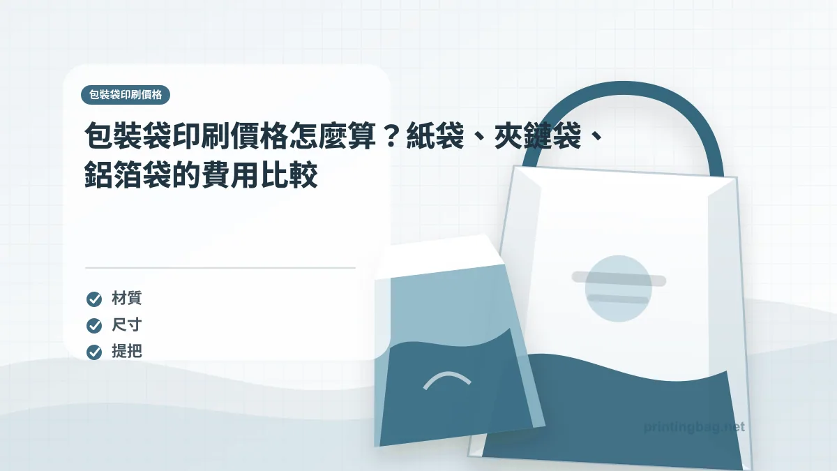 包裝袋印刷價格示意圖，呈現紙袋尺寸、材質、提把與印刷加工重點，協助品牌判斷包裝袋印刷價格的規格與詢價條件。