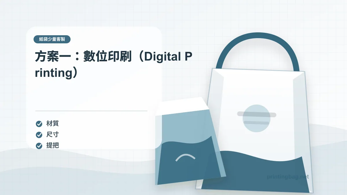 方案一：數位印刷（Digital Printing）示意圖，補充紙袋少量客製第 3 段的尺寸、材質、加工或使用情境判斷。
