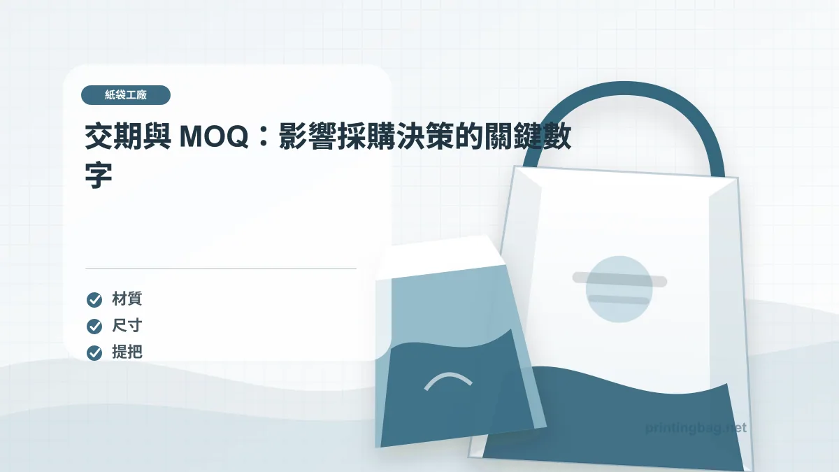 交期與 MOQ：影響採購決策的關鍵數字示意圖，補充紙袋工廠第 3 段的尺寸、材質、加工或使用情境判斷。