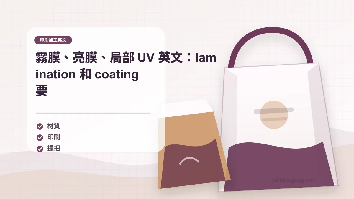 印刷加工英文霧膜亮膜示意圖，展示 matte lamination、gloss lamination 與 spot UV 的紙袋效果。