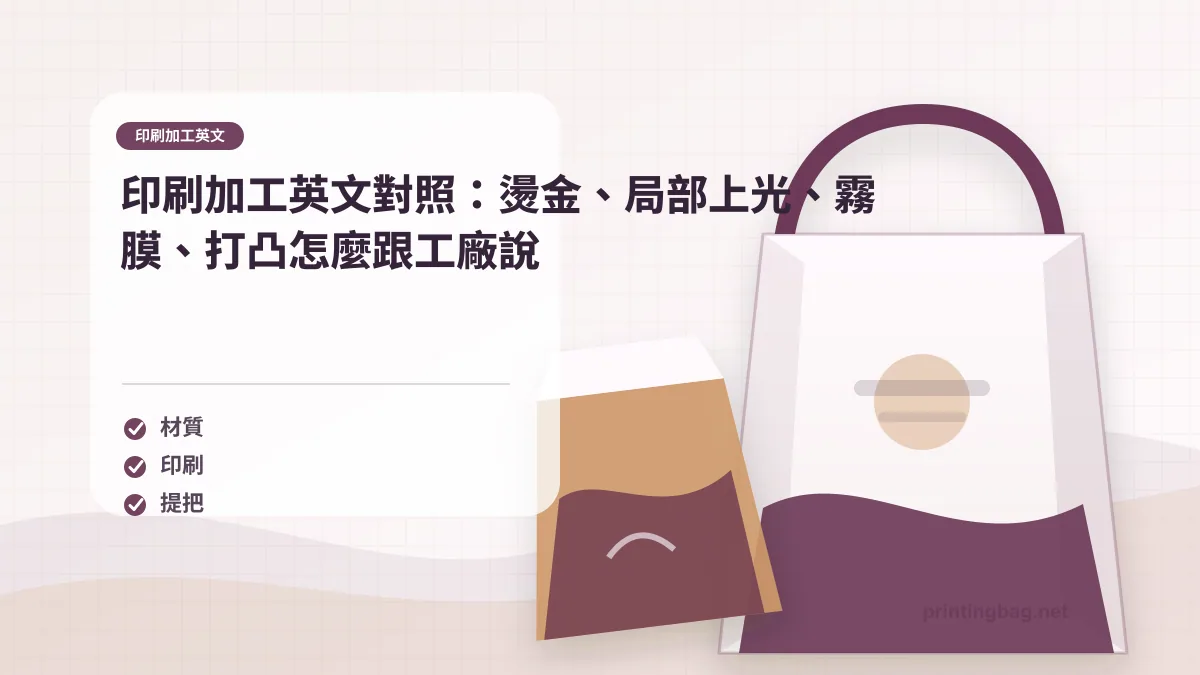 印刷加工英文示意圖，呈現紙袋燙金、局部上光、霧膜與打凸效果，協助理解提袋英文加工說法。