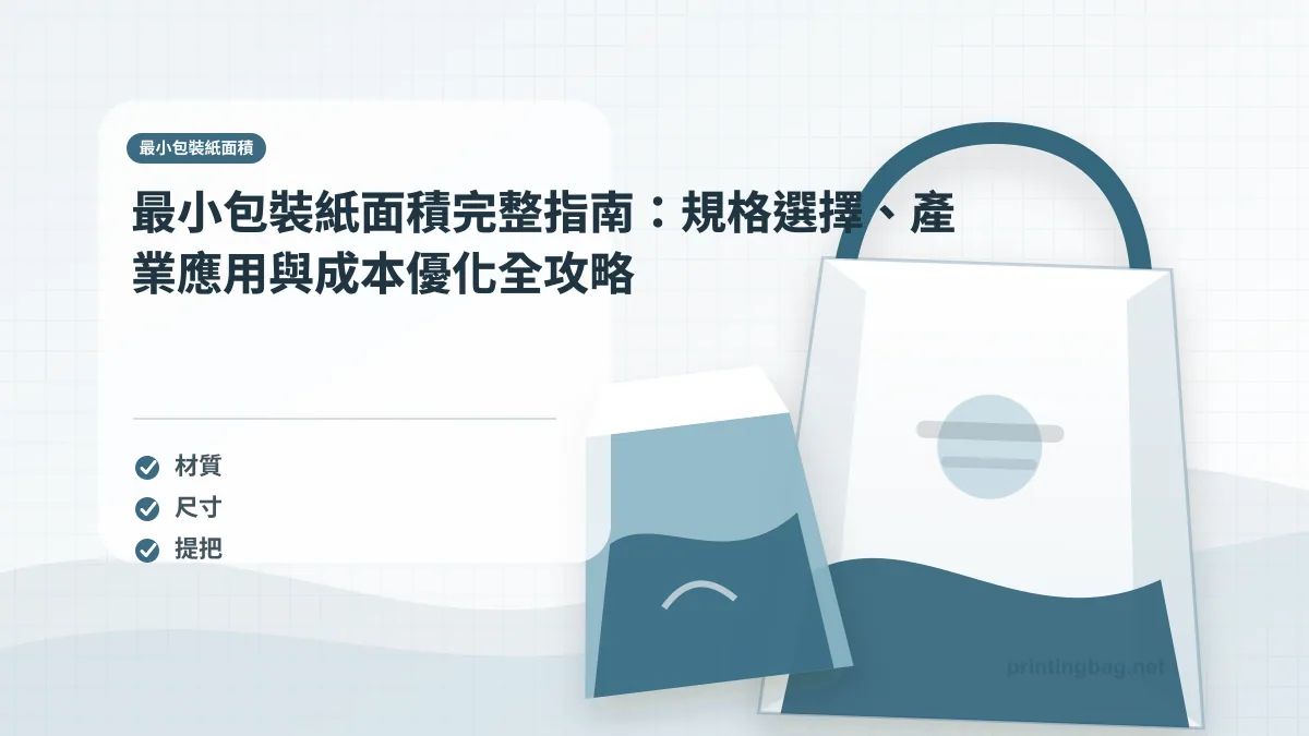 最小包裝紙面積示意圖，呈現紙袋尺寸、材質、提把與印刷加工重點，協助品牌判斷最小包裝紙面積的規格與詢價條件。