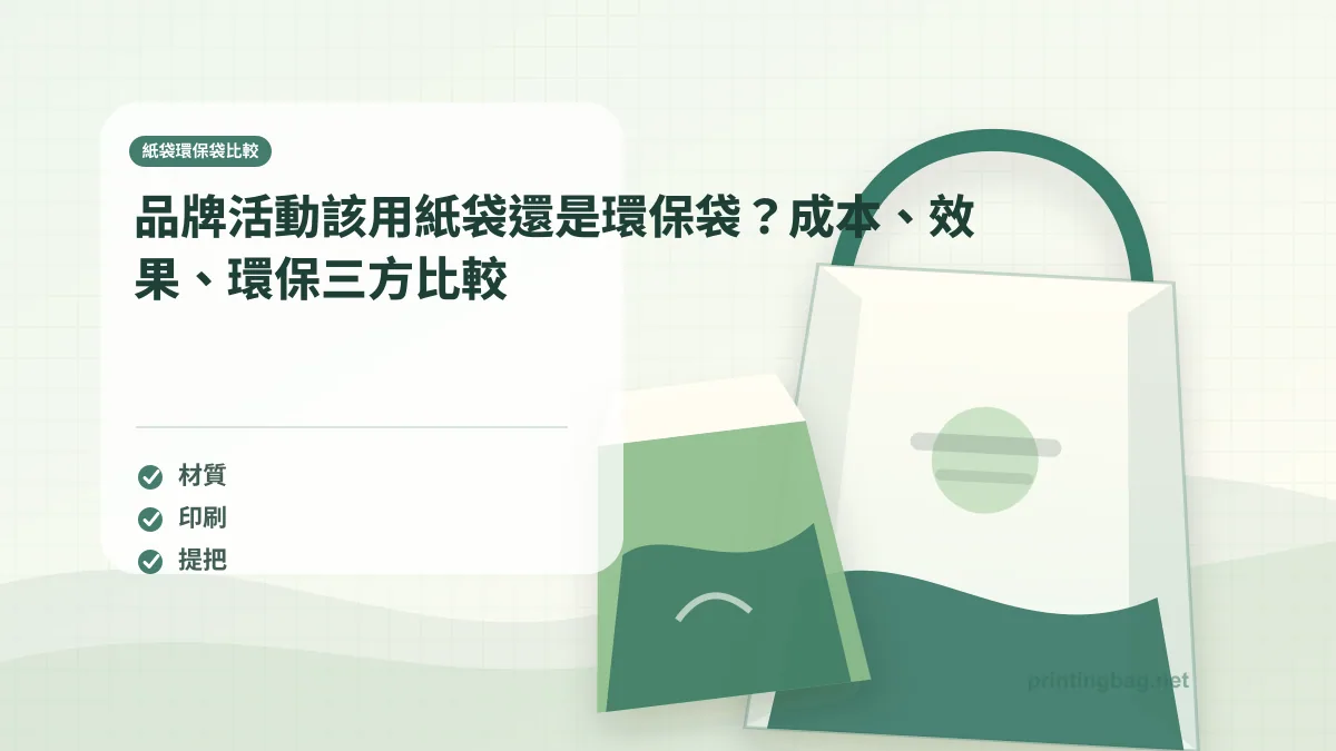 紙袋環保袋比較示意圖，呈現紙袋尺寸、材質、提把與印刷加工重點，協助品牌判斷紙袋環保袋比較的規格與詢價條件。