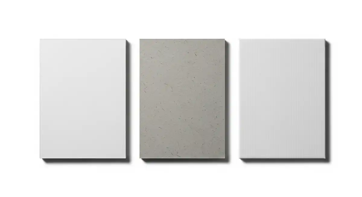 彩盒紙材比較——銅版紙、灰板紙、白卡紙三種彩盒紙材樣品並排對比展示