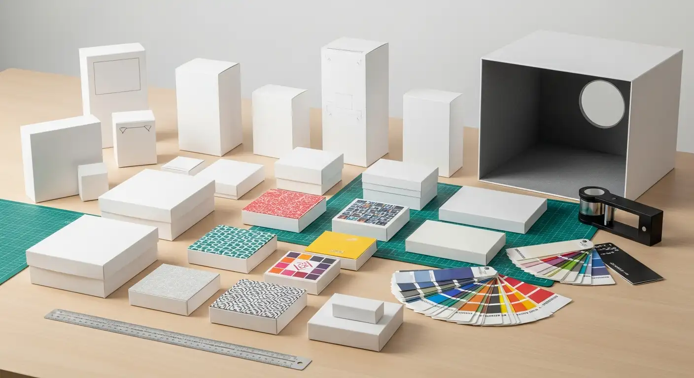 紙盒打樣——紙盒白樣與彩色打樣對比展示，左邊白色結構樣右邊全彩印刷樣