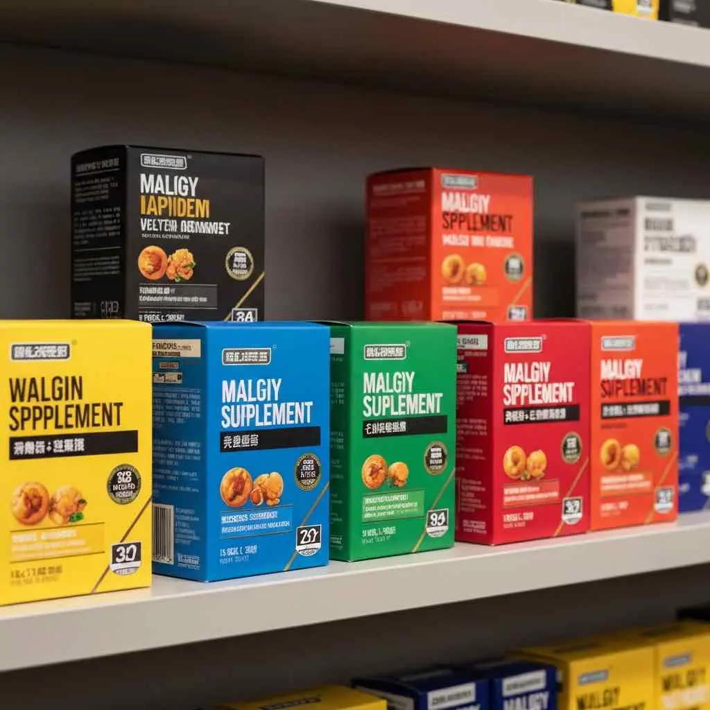 彩盒包裝在通路貨架近距離展示，多款保健品彩盒視覺競爭場景