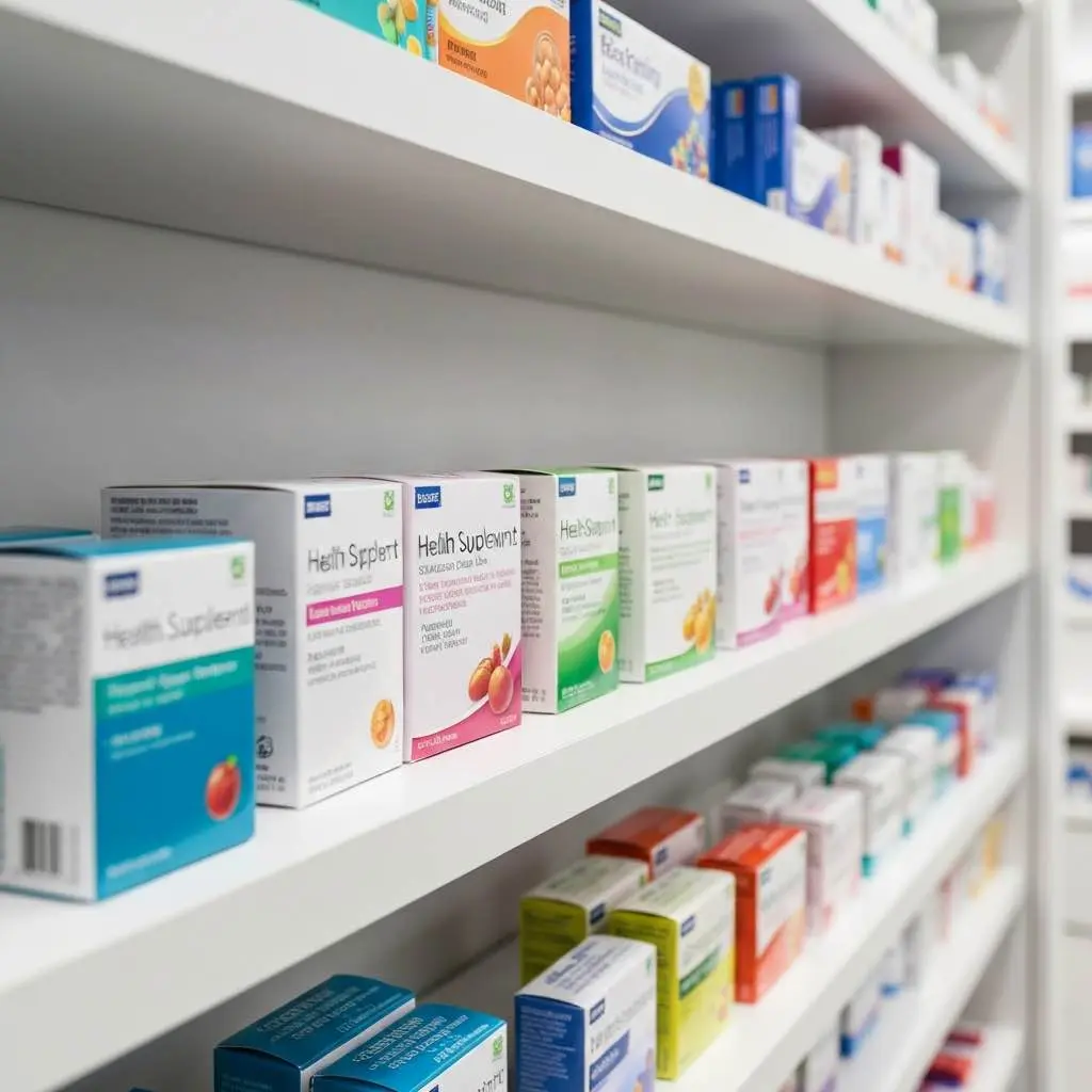 保健食品彩盒貨架陳列，展示色彩對比在視覺競爭中的效果