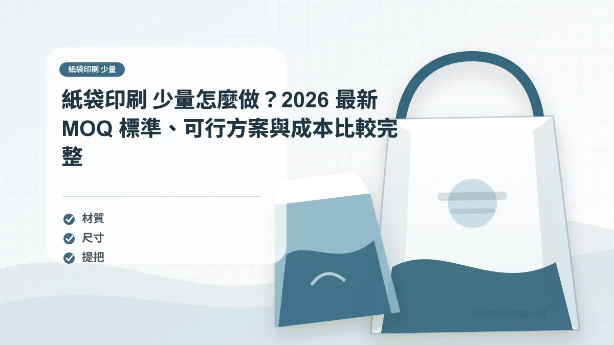紙袋印刷 少量示意圖，呈現紙袋尺寸、材質、提把與印刷加工重點，協助品牌判斷紙袋印刷 少量的規格與詢價條件。
