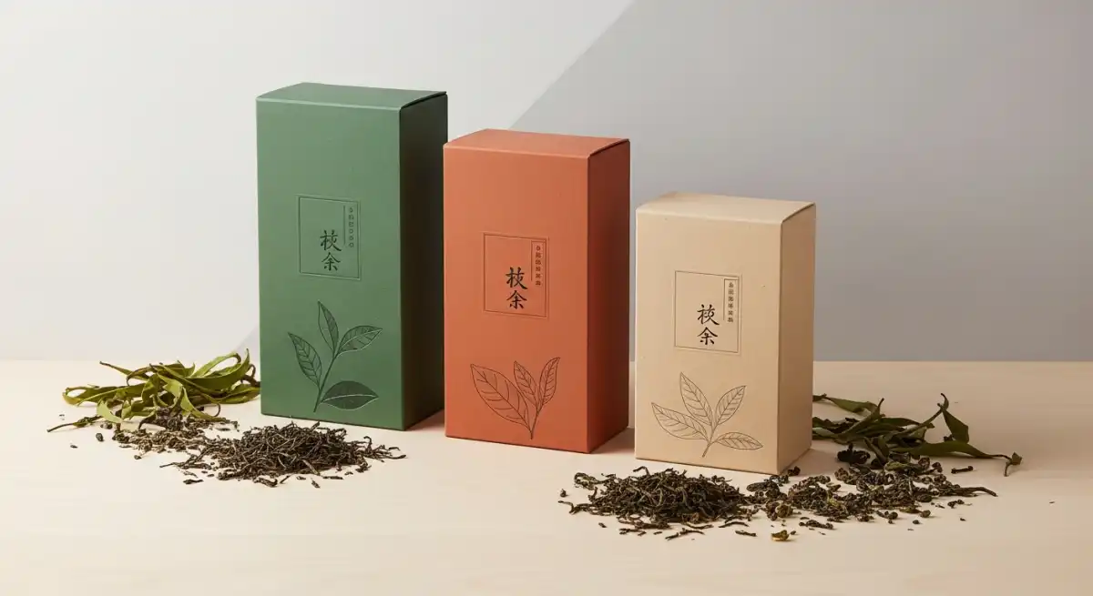 茶葉禮盒設計文章優化示意圖，呈現包裝樣品、紙材、刀模與採購檢查重點。