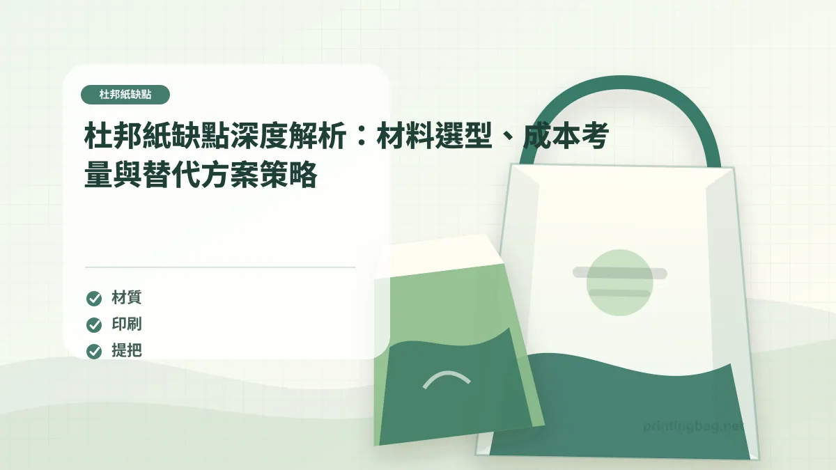 杜邦紙缺點解析主圖，展示 Tyvek 材質樣本、紙袋印刷檢查與替代材料比較場景