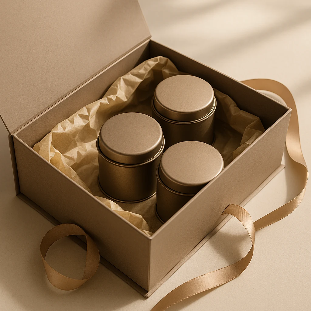 食品茶葉禮盒開箱情境，精緻內裝彩盒包裝展示。