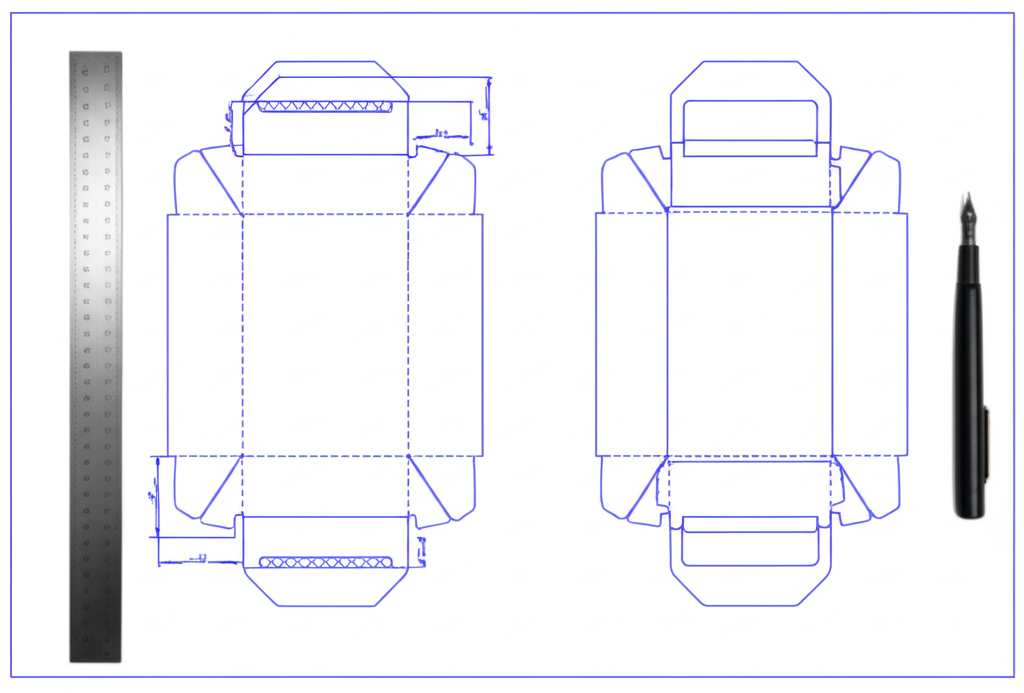 紙盒刀模圖技術圖面：摺線、裁切線與黏合位標示