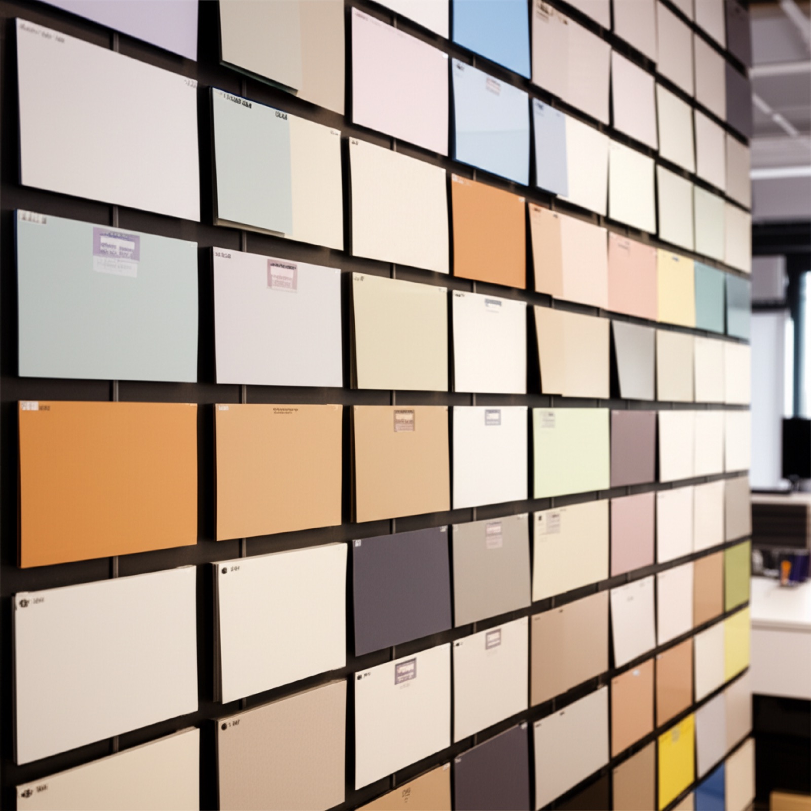 紙材樣品牆:多種紙板厚度與紋理整理展示