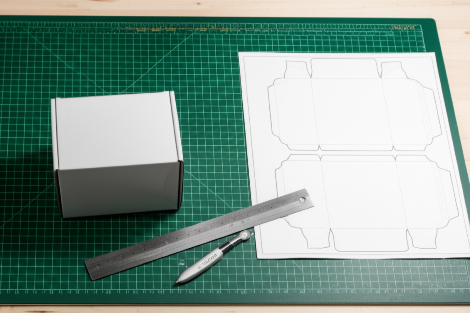 紙盒打樣工作站:裁切墊、刀具與白樣原型