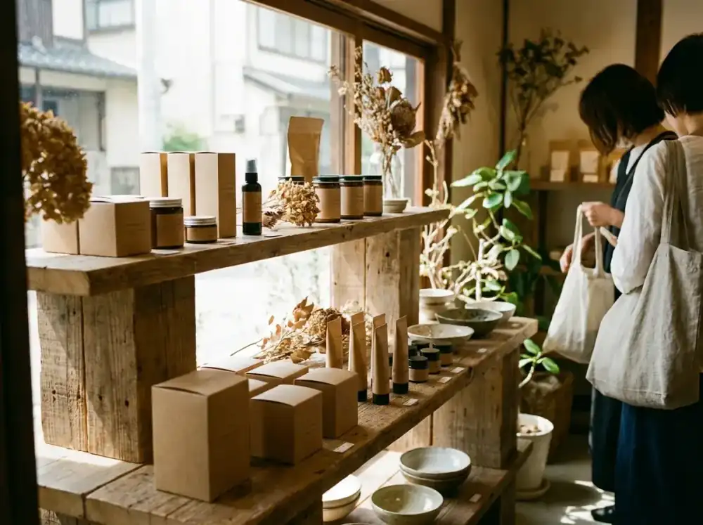 牛皮紙盒使用情境,有機保健食品品牌的牛皮紙包裝在展示台的陳列。